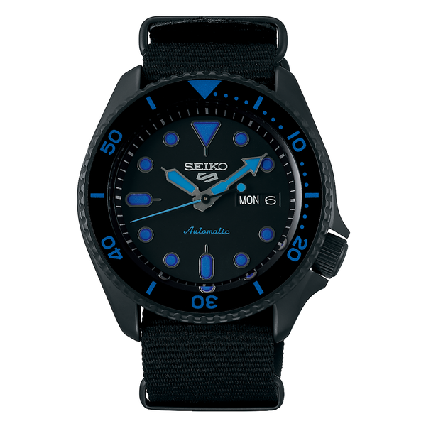 Orologio Seiko 5 Sport Nato Automatico Tutto Nero Quadrante Blu Indice SRPD81K1 42.5mm Nuovo