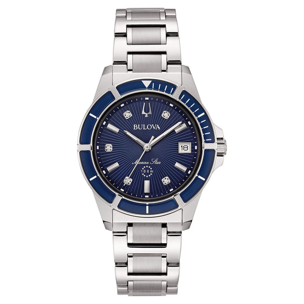 Bulova Orologio Donna Marine Star MS Lady Quartz Quadrante Blu 5 Diamanti 34mm 96P237