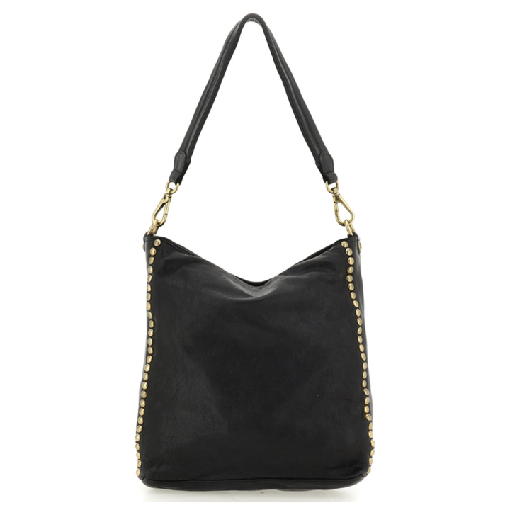 Campomaggi Ametista Borsa a spalla Lisa pelle nera borchie C042300ND