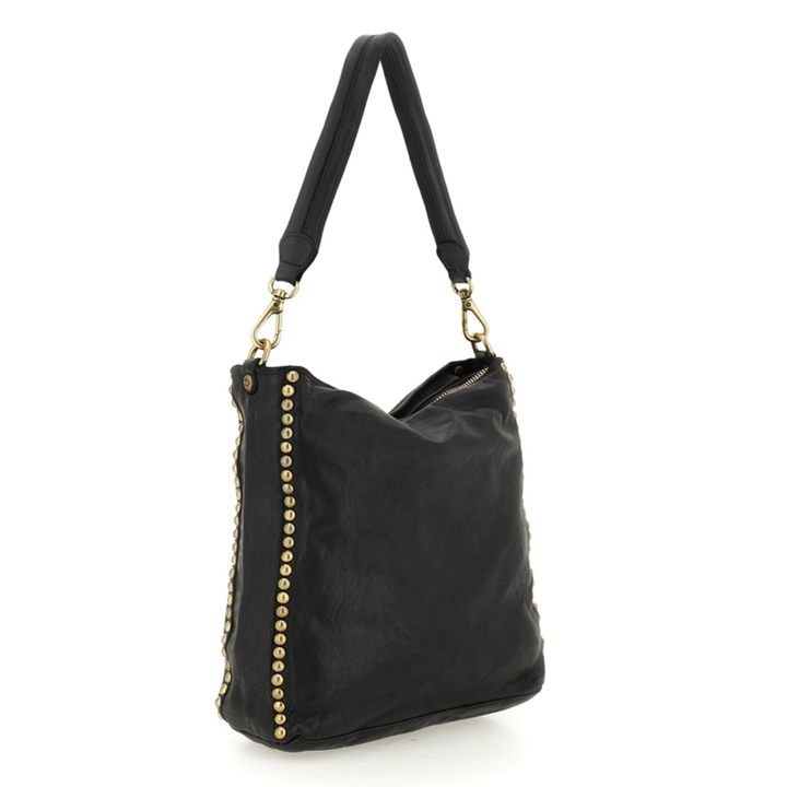 Campomaggi Ametista Borsa a spalla Lisa pelle nera borchie C042300ND