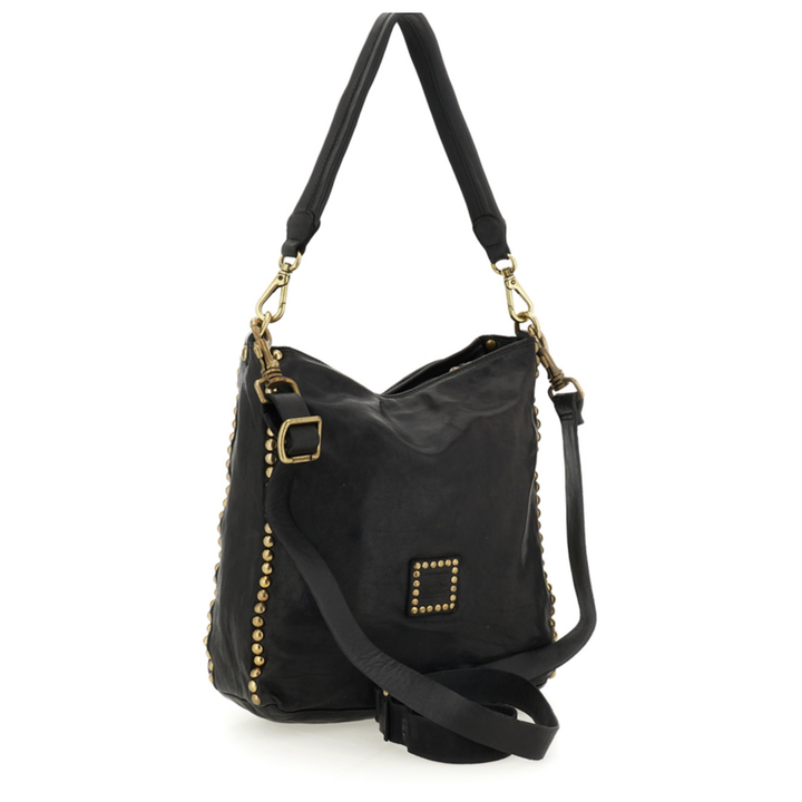 Campomaggi Ametista Borsa a spalla Lisa pelle nera borchie C042300ND