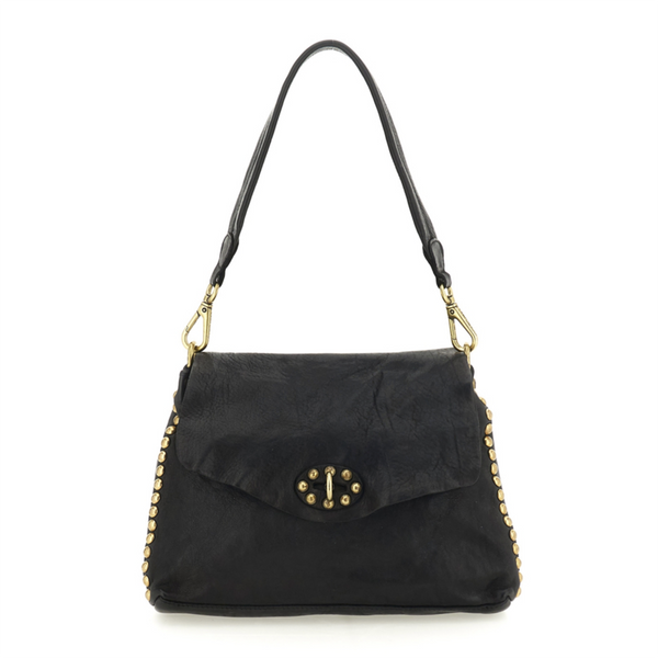 Campomaggi Ametista Borsa a spalla Nadia in pelle nera borchie C042250ND