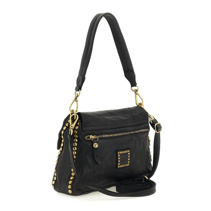 Campomaggi Ametista Borsa a spalla Nadia in pelle nera borchie C042250ND