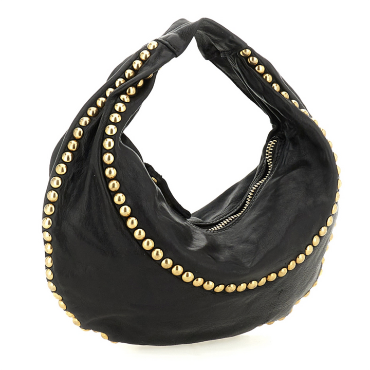 Campomaggi Ametista Borsa a spalla tonda Marisa pelle nera borchie C039420ND