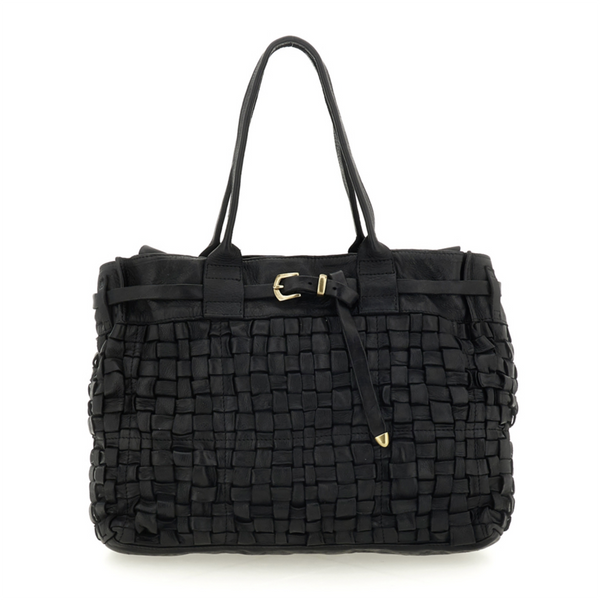 Campomaggi Edera Borsa shopping Penelope  pelle nera intrecciata C042640ND