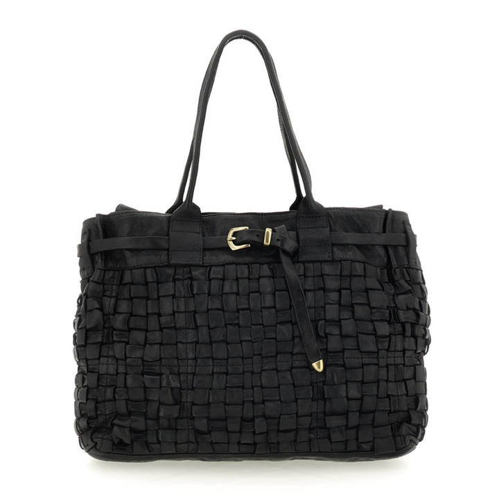 Campomaggi Edera Borsa shopping Penelope  pelle nera intrecciata C042640ND