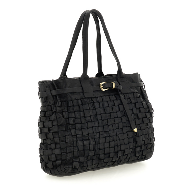 Campomaggi Edera Borsa shopping Penelope  pelle nera intrecciata C042640ND