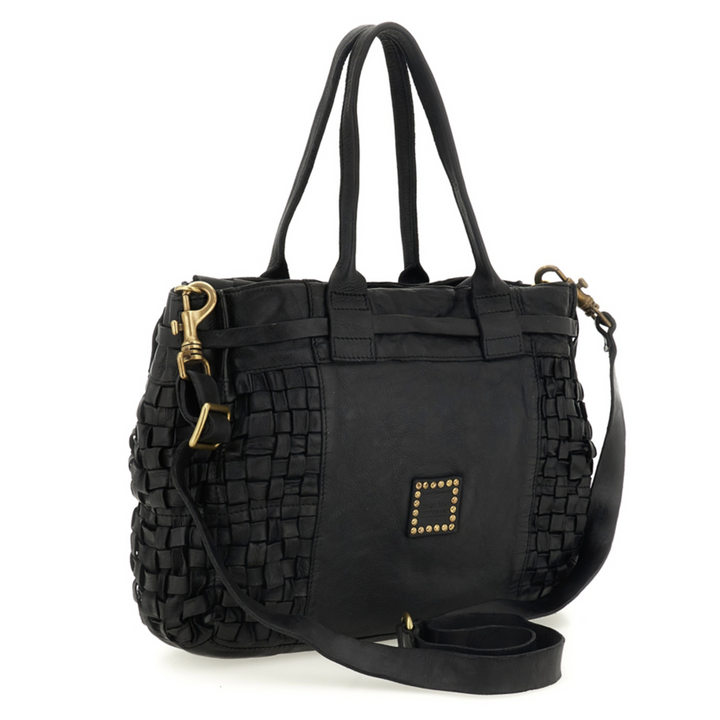 Campomaggi Edera Borsa shopping Penelope  pelle nera intrecciata C042640ND