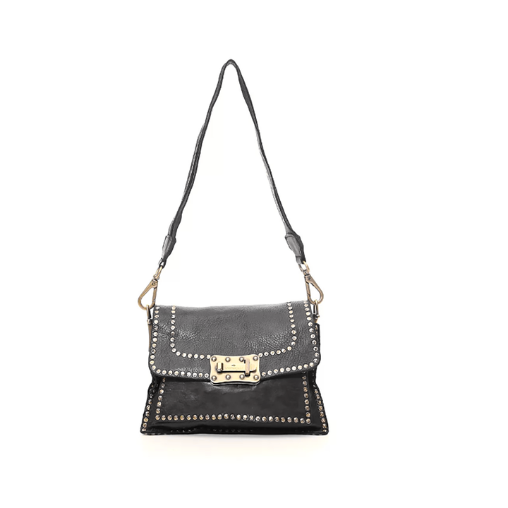 Campomaggi Borsa con Tracolla Linea Agnese Pelle Nera e rivetti