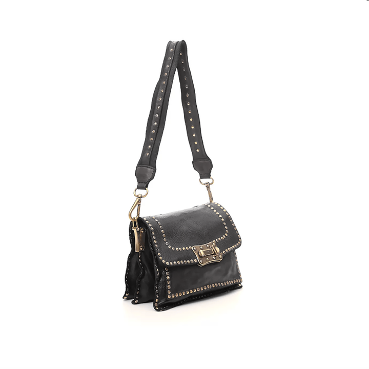 Campomaggi Borsa con Tracolla Linea Agnese Pelle Nera e rivetti