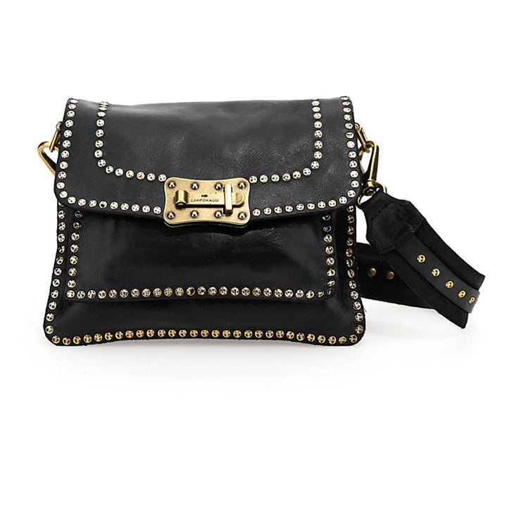 Campomaggi Borsa con Tracolla Linea Agnese Pelle Nera e rivetti