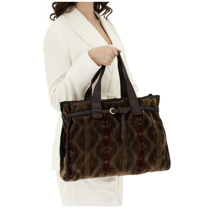 Campomaggi Teresa Borsa shopping Patrizia tessuto kilim scuro e pelle C043080ND