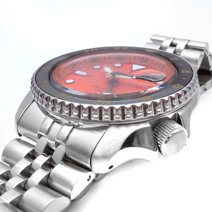 Orologio Seiko 5 GMT Nemo Arancione Lunetta Nera e Grigia Jubilee