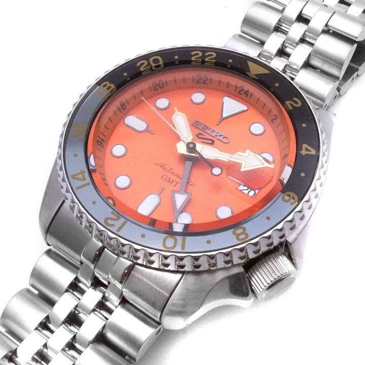 Orologio Seiko 5 GMT Nemo Arancione Lunetta Nera e Grigia Jubilee