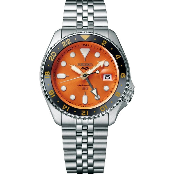 Orologio Seiko 5 GMT Nemo Arancione Lunetta Nera e Grigia Jubilee