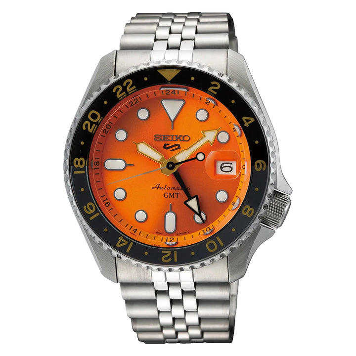Orologio Seiko 5 GMT Nemo Arancione Lunetta Nera e Grigia Jubilee