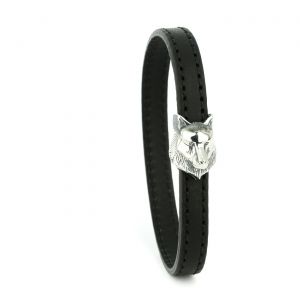 Montblanc Bracelet Large Black Leather with sterling silver wolf head clasp 12379068 MAN