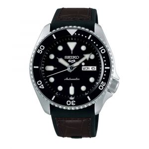 Watch Seiko 5 Sport Automatic Black Dial Silicone Brown Leather SRPD55K2 New 