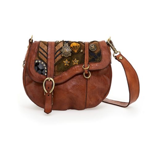 Campomaggi Borsa a Tracolla Arya Sella di Cavallo Pelle Cognac Stemmi Borchie Militari Wondersmall