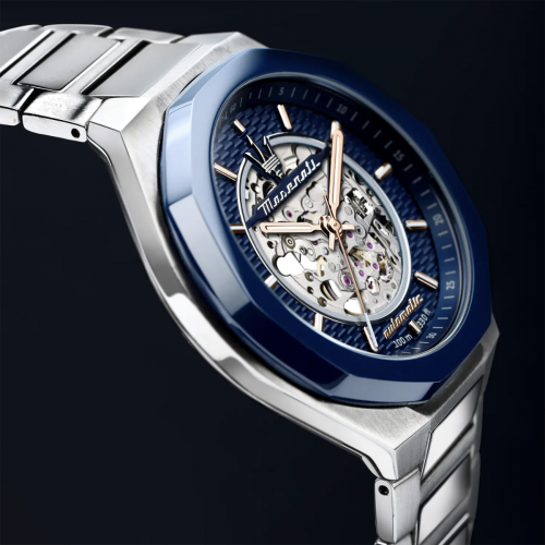 Maserati Automatic Watch Line STILE Skeleton Rotor with Blue Ceramic Bezel